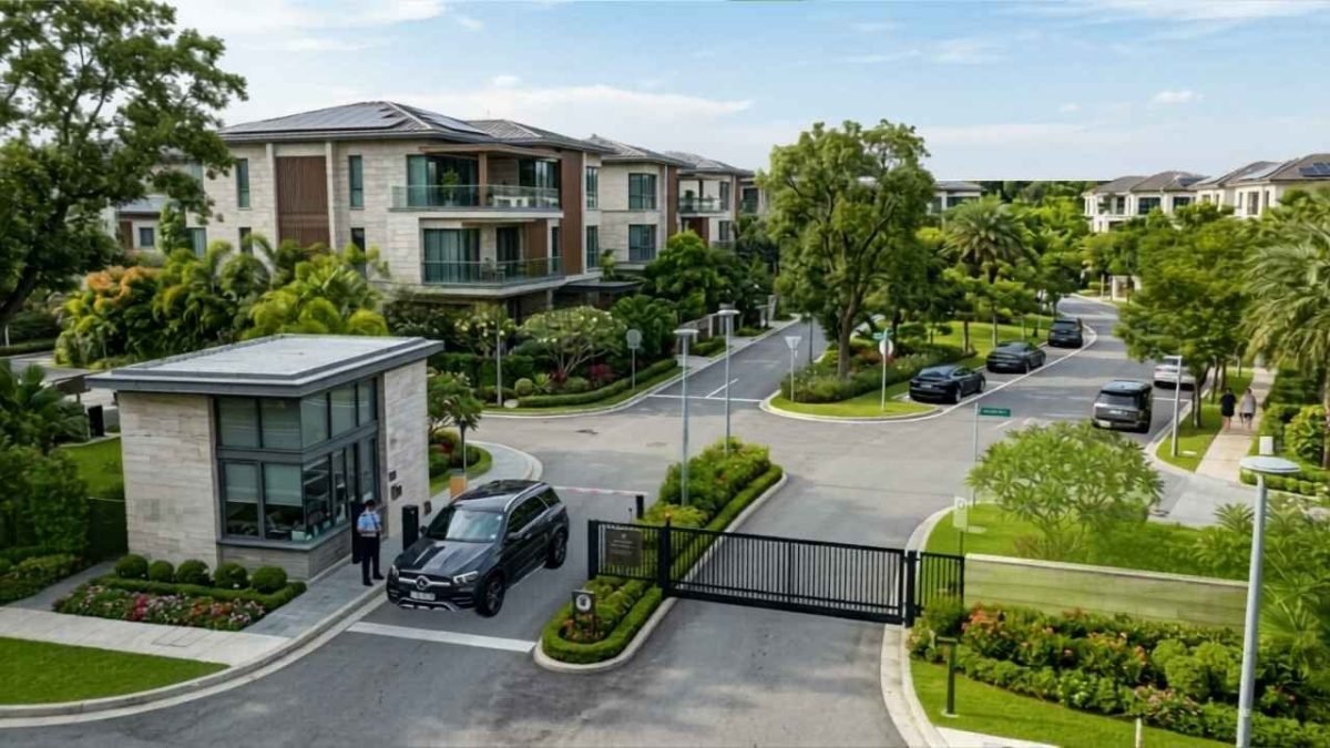 Landscaped gated residential community with modern architecture