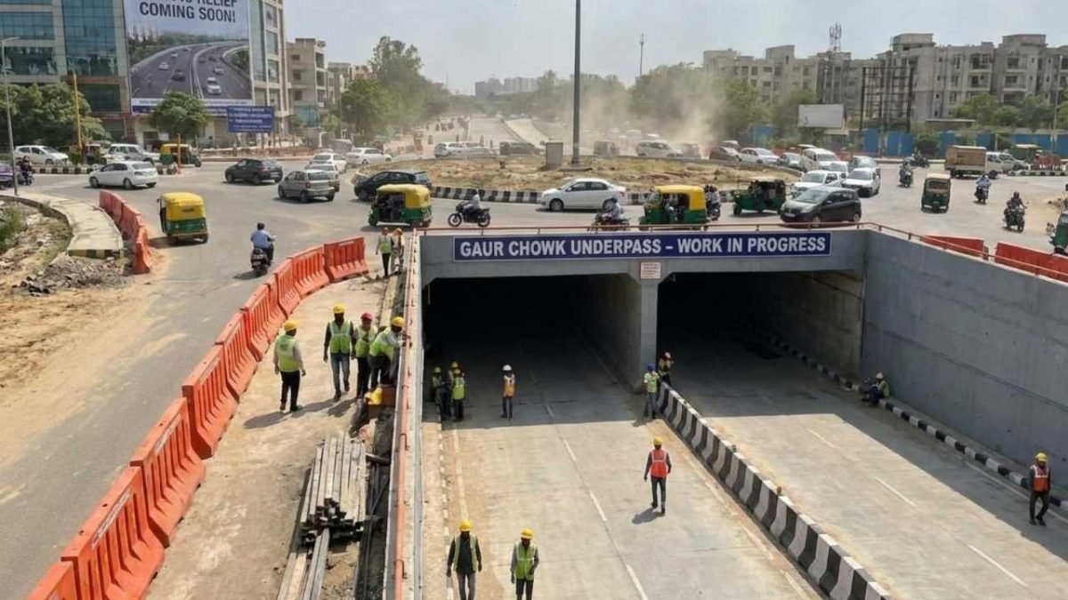 Road infrastructure construction at Gaur Chowk, Greater Noida West